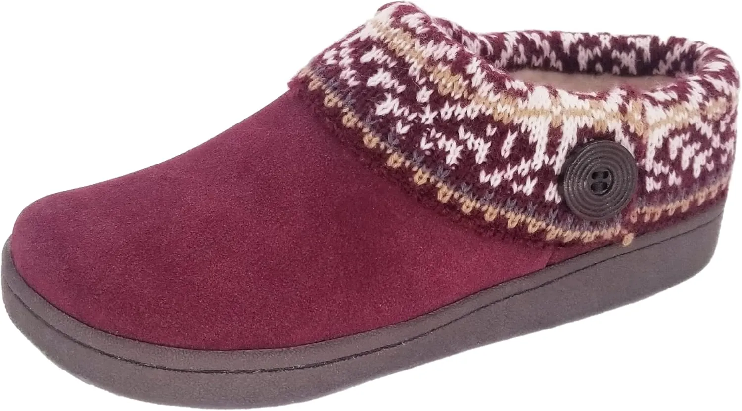 Clarks Womens Suede Leather Comfort Clog Knitted Collar Slipper - Plush Faux Fur Trim - Indoor Outdoor House Slippers For Women (Fairisle Burgundy 6M)