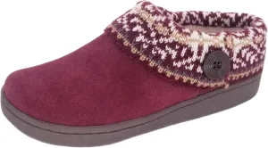 Clarks Womens Suede Leather Comfort Clog Knitted Collar Slipper - Plush Faux Fur Trim - Indoor Outdoor House Slippers For Women (Fairisle Burgundy 6M)
