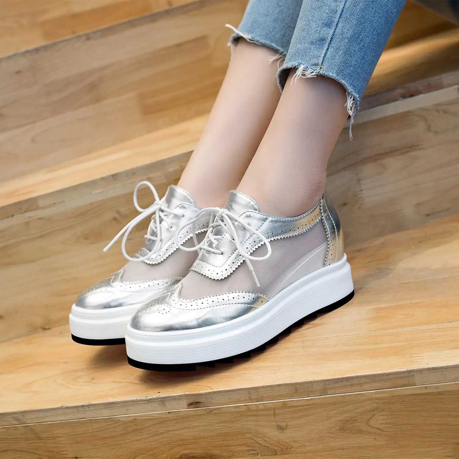 ClassicSter Women's Platform Lace Up Comfort Wingtips Square Toe Wedge Oxford Shoes Brogues