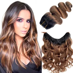 Clip in Hair Extensions,1 Piece Hair Extensions Real Human Hair Clip ins 16 Inch Ombre Black to Brown Hair Extensions Body Wave Clip in Hair Extensions Real Human Hair Double Weft Hair Extensions