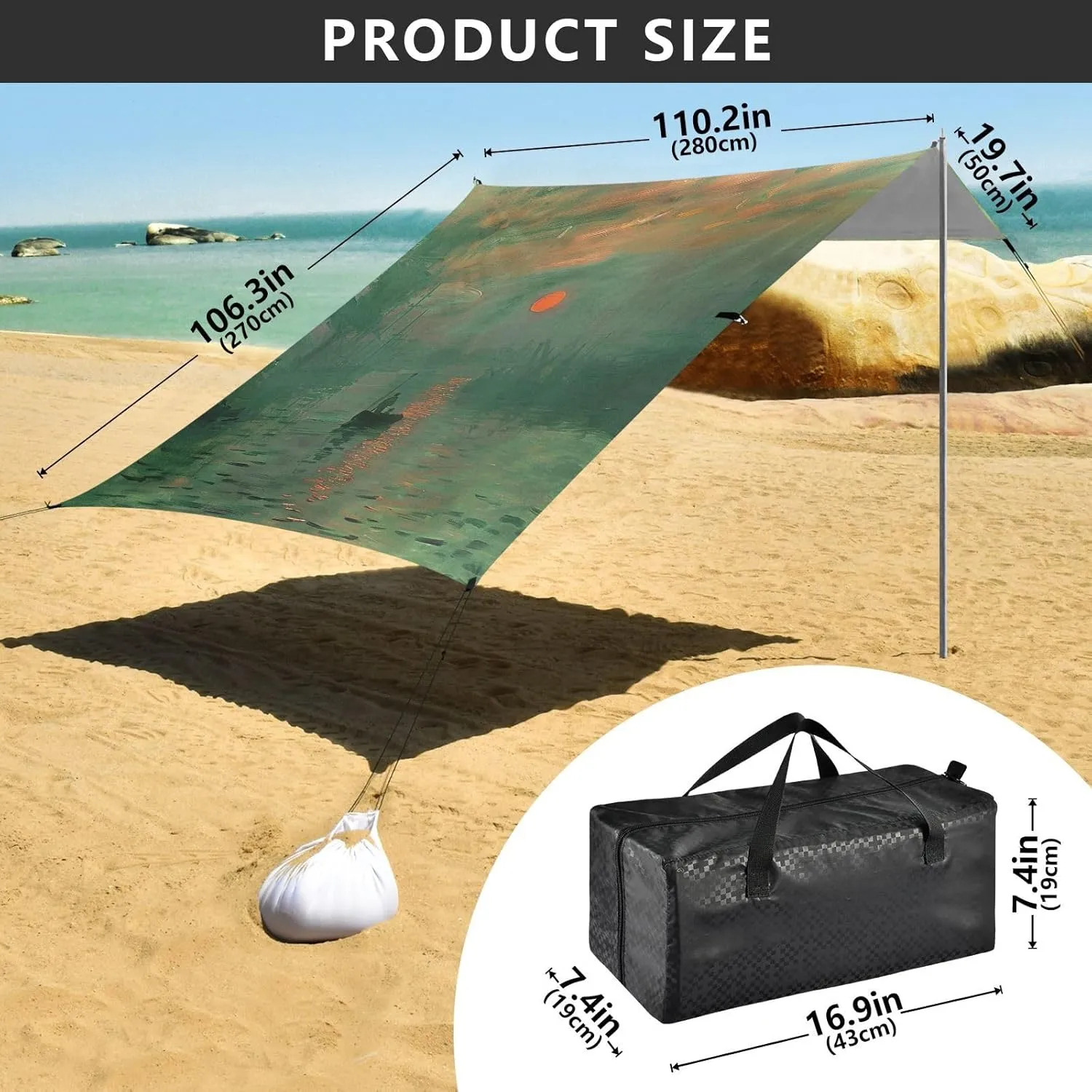 Cléonard Monet Sunrise Impression Canopy Beach Tent 9.2 × 10.5 FT Patio Sun Shade Outdoor Aesthetic Wind Sail Shade Camping Sun Shelter Yard with Sand Anchor Poles