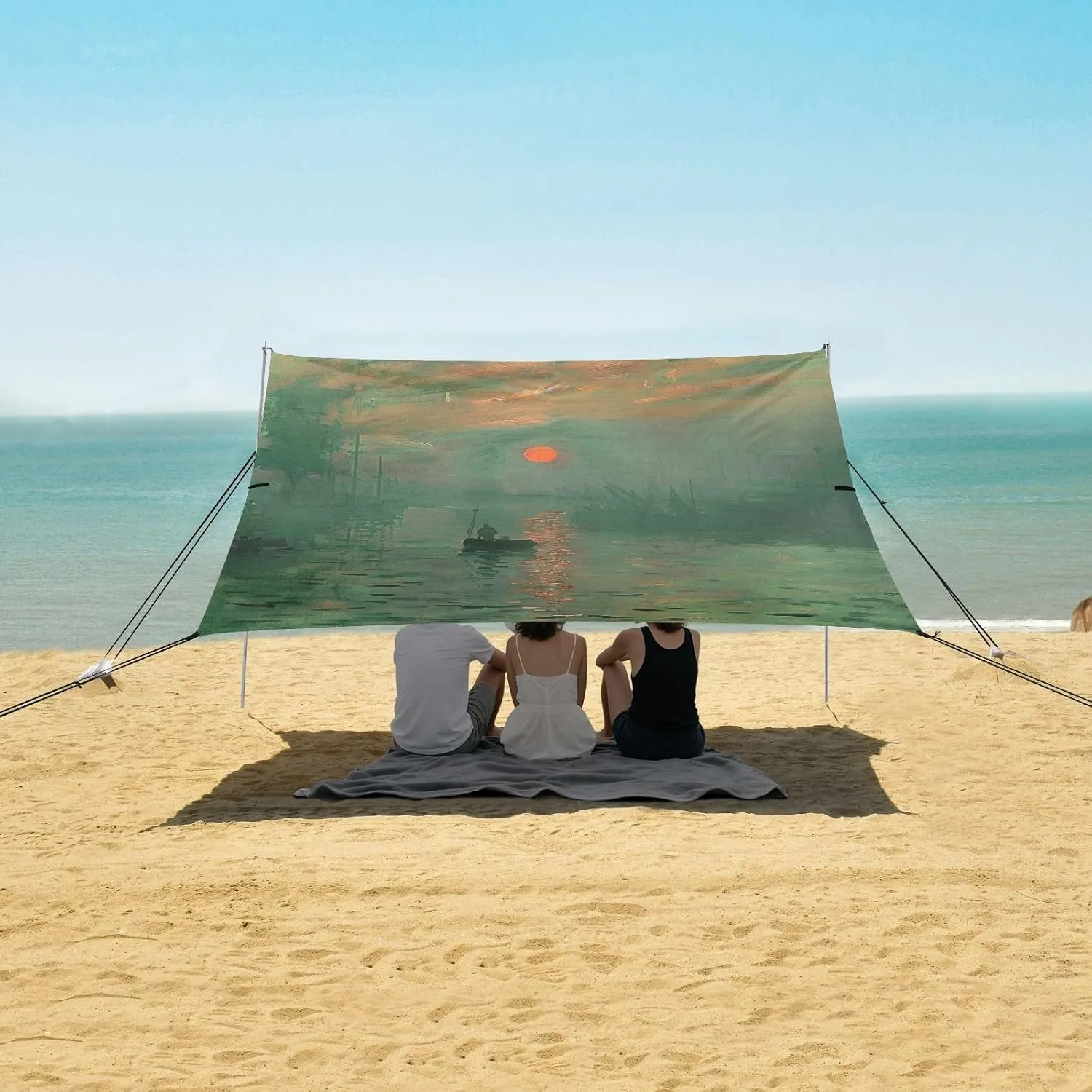 Cléonard Monet Sunrise Impression Canopy Beach Tent 9.2 × 10.5 FT Patio Sun Shade Outdoor Aesthetic Wind Sail Shade Camping Sun Shelter Yard with Sand Anchor Poles