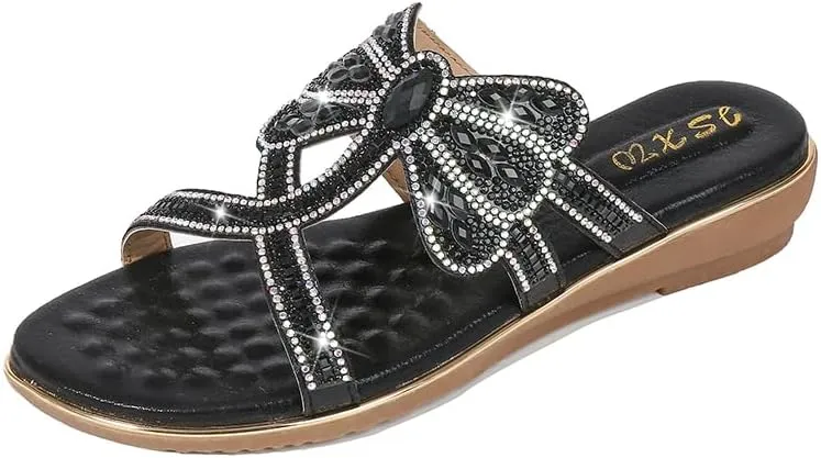 Comfortable Ladies Sandals Summer Bohemian Style Beach Shoes Dragonfly Rhinestone Flat Leisure Slippers