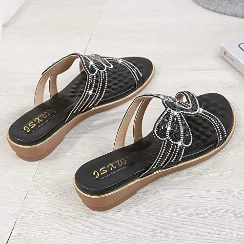 Comfortable Ladies Sandals Summer Bohemian Style Beach Shoes Dragonfly Rhinestone Flat Leisure Slippers
