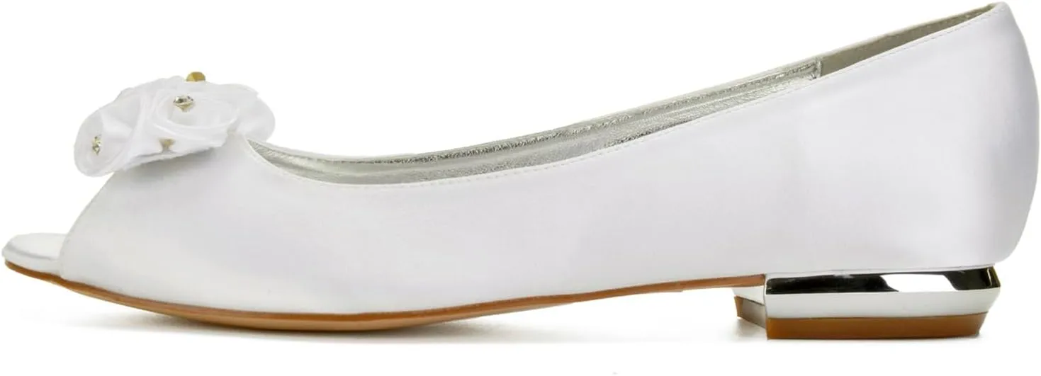 Comfortable Satin Peep Toe Flats for Women Wedding Flats for Bride Shoes Evening Party Guest Shoes for Women Dressy Low Heel