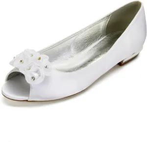 Comfortable Satin Peep Toe Flats for Women Wedding Flats for Bride Shoes Evening Party Guest Shoes for Women Dressy Low Heel