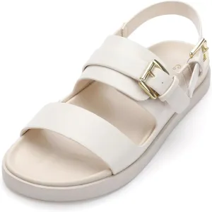 CosyFever Women's Beige Slip On Flat Footbed Sandals Adjustable Back Strap Comfortable Walking Shoes for Casual Outfits Summer Work - 10 B(M) US
