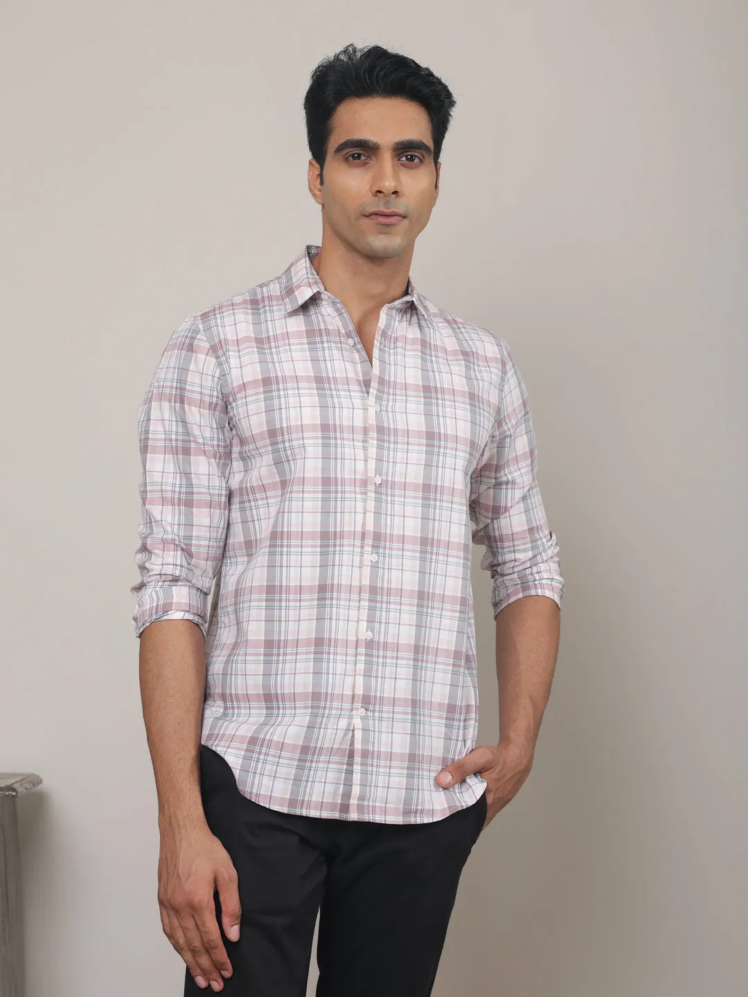 Cotton Checked Casual Shirt in Blush Pink - Comfort Fit