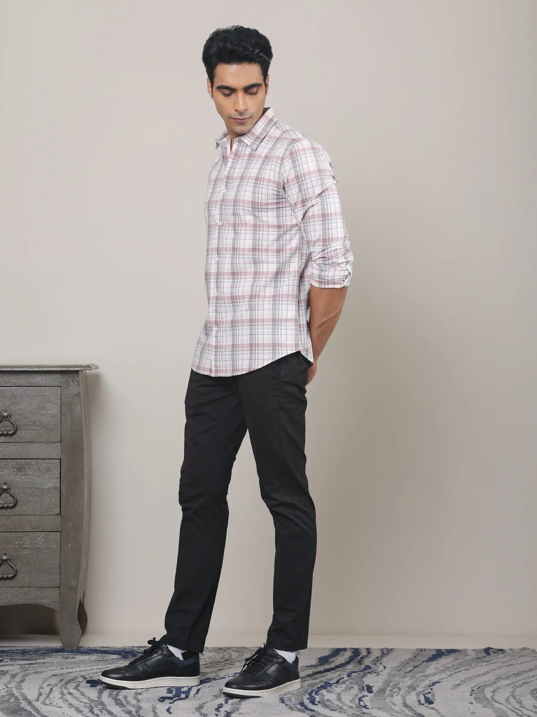 Cotton Checked Casual Shirt in Blush Pink - Comfort Fit