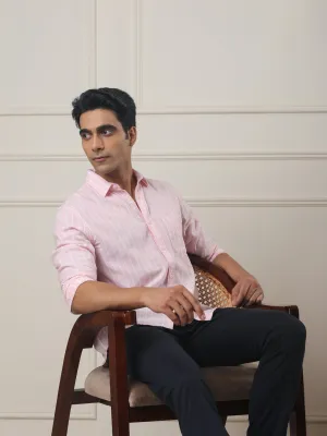 Cotton Linen Striped Casual Shirt in Light Pink - Comfort Fit