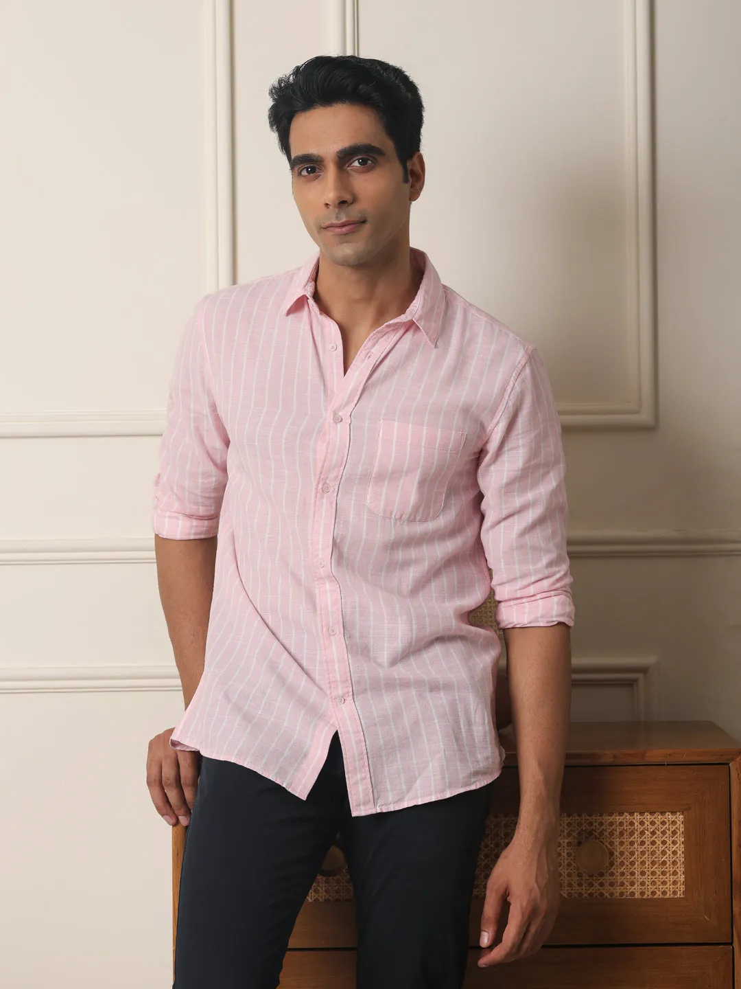 Cotton Linen Striped Casual Shirt in Light Pink - Comfort Fit