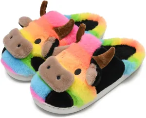 COVS Cow Slippers for Women/Men， Cute Cozy Cartoon Cow Fluffy Slippers Indoor Outdoor Fuzzy Slippers In Winter