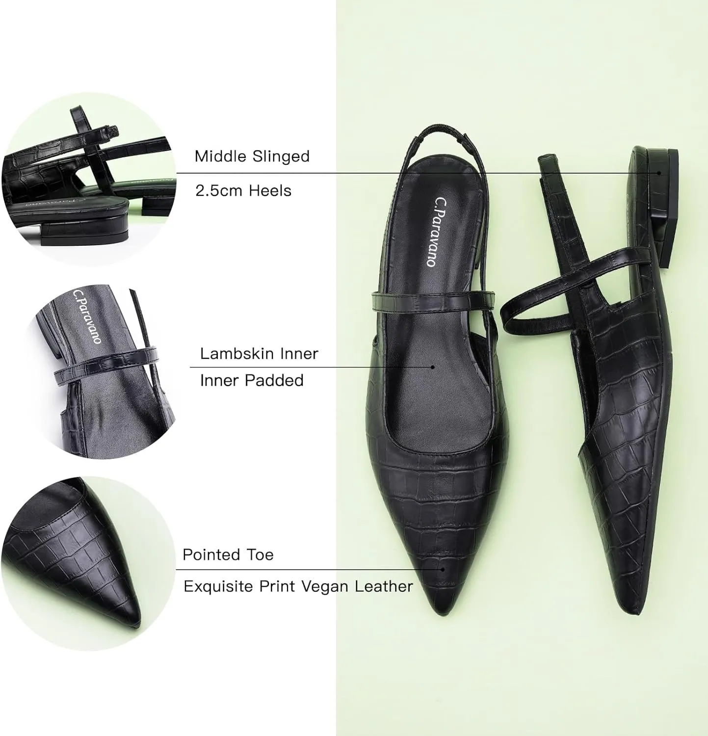 C.Paravano Women's Slingback Flats & Heels - Pointed Toe, Ankle Strap, Comfortable Leather Dress Shoes