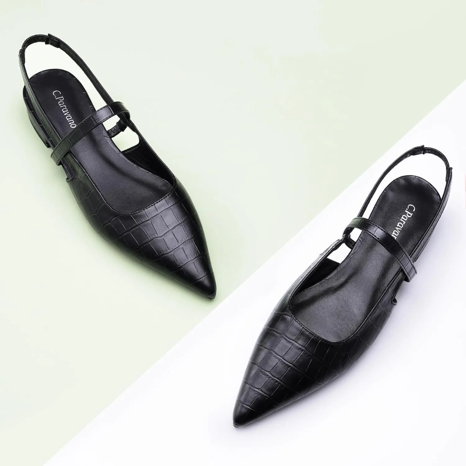 C.Paravano Women's Slingback Flats & Heels - Pointed Toe, Ankle Strap, Comfortable Leather Dress Shoes