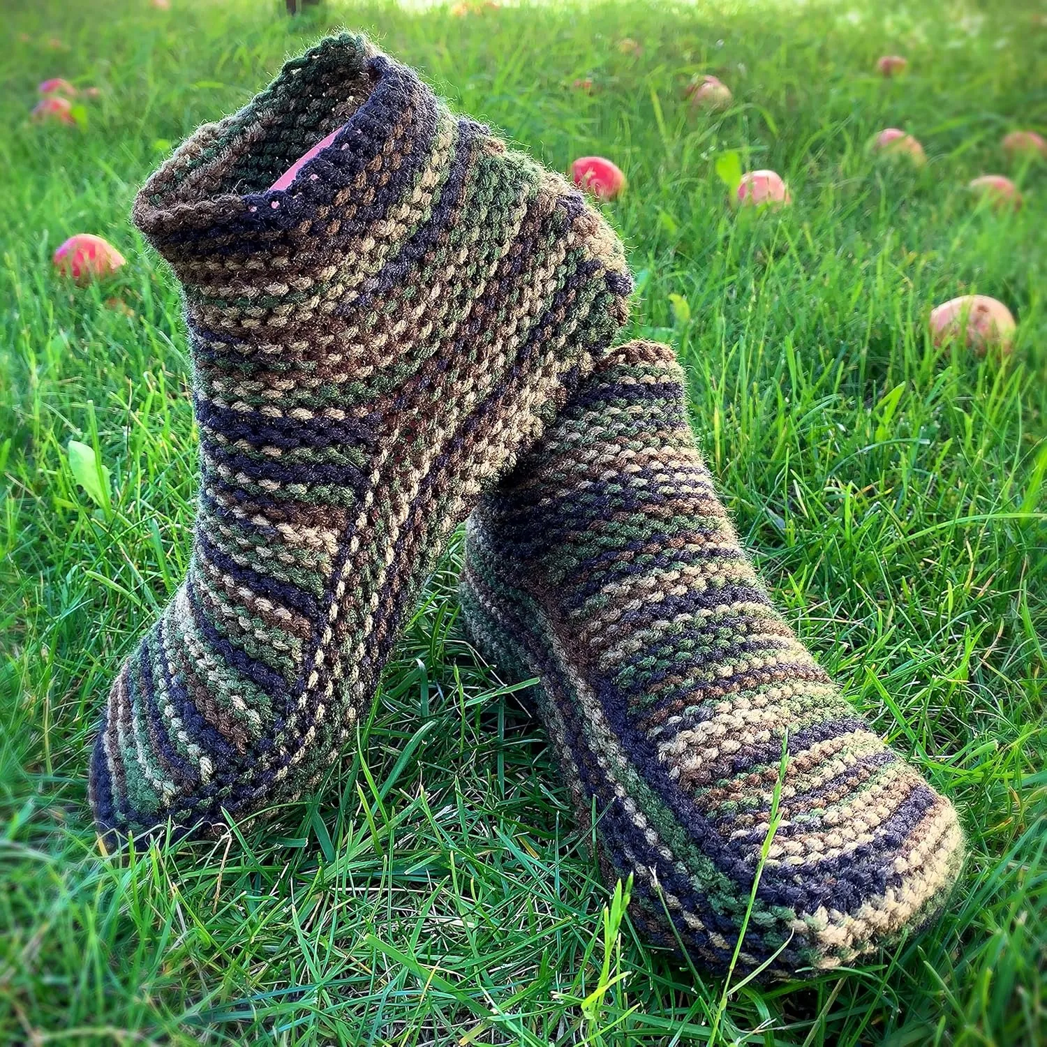 Custom Hand Knit Camo House Slippers with Cuff – Camouflage Yarn Handmade Knitted Booties – Manly Moccasin House Shoes for Warm Feet – Cozy Slipper for Men – Gift for Husband Boyfriend Friend (11-12, Dark Blue)