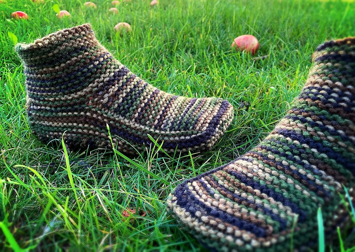 Custom Hand Knit Camo House Slippers with Cuff – Camouflage Yarn Handmade Knitted Booties – Manly Moccasin House Shoes for Warm Feet – Cozy Slipper for Men – Gift for Husband Boyfriend Friend (11-12, Dark Blue)