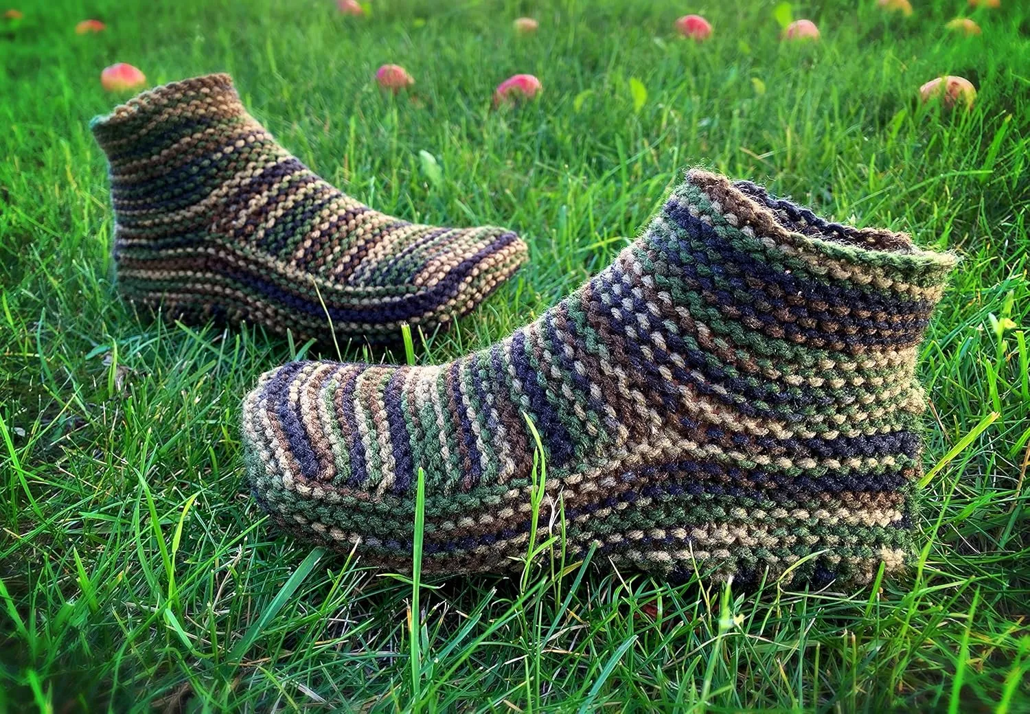 Custom Hand Knit Camo House Slippers with Cuff – Camouflage Yarn Handmade Knitted Booties – Manly Moccasin House Shoes for Warm Feet – Cozy Slipper for Men – Gift for Husband Boyfriend Friend (11-12, Dark Blue)