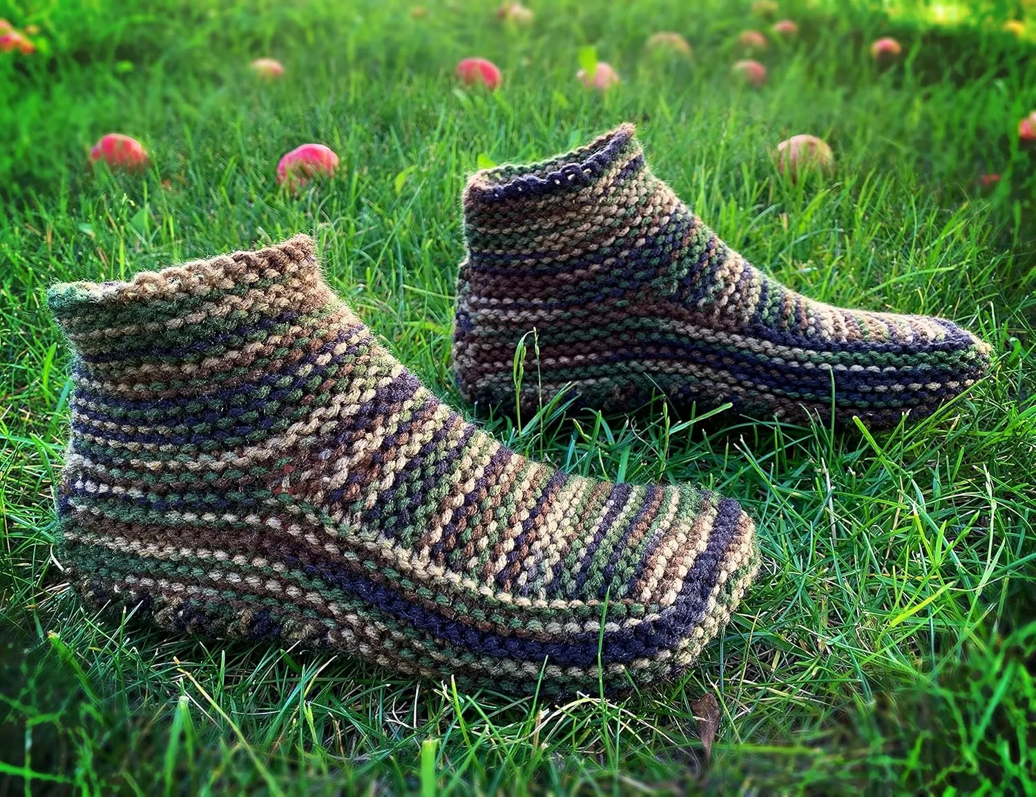 Custom Hand Knit Camo House Slippers with Cuff – Camouflage Yarn Handmade Knitted Booties – Manly Moccasin House Shoes for Warm Feet – Cozy Slipper for Men – Gift for Husband Boyfriend Friend (11-12, Dark Blue)