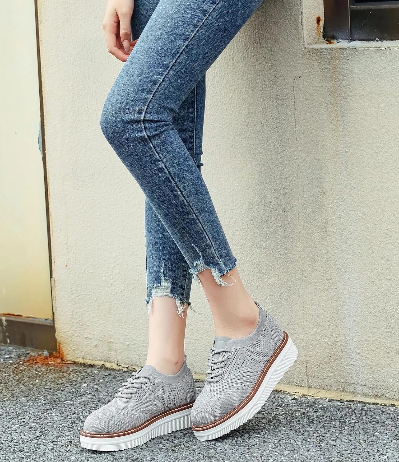 DADAWEN Women's Platform Lace-Up Wingtips Square Toe Oxford Shoes Mesh Breathable Knit Comfort Casual Dressy School Work Dress Shoes