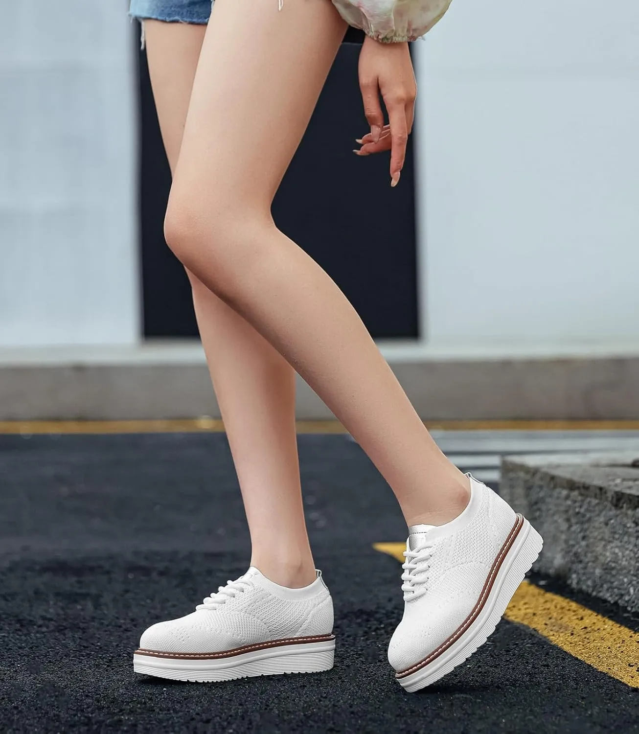 DADAWEN Women's Platform Lace-Up Wingtips Square Toe Oxford Shoes Mesh Breathable Knit Comfort Casual Dressy School Work Dress Shoes