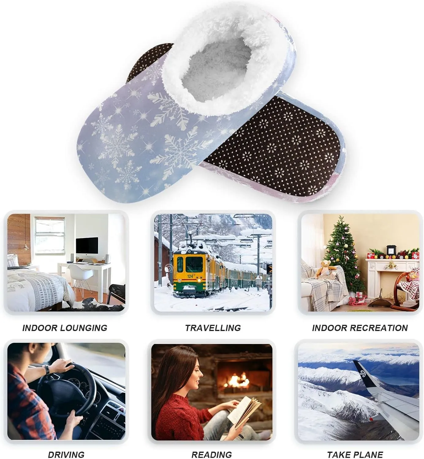 DOMIKING Snowflakes Christmas Winter House Slippers Fuzzy Non-Slip Soft Sole Slippers Cozy Feet Slippers for Bed Bedroom Indoor Guest M
