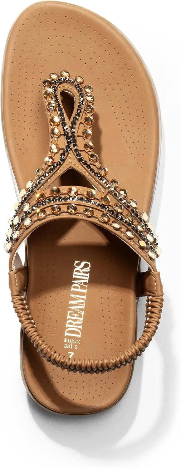 DREAM PAIRS Women's Comfortable Dressy Flat Sandals Rhinestone Elastic T-Strap Thong Sandals for Summer Beach