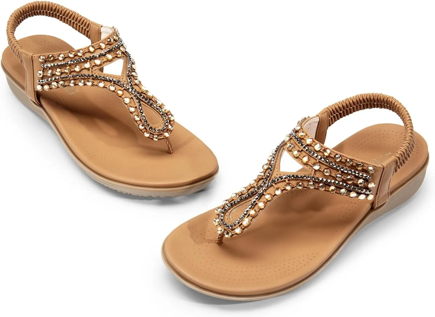DREAM PAIRS Women's Comfortable Dressy Flat Sandals Rhinestone Elastic T-Strap Thong Sandals for Summer Beach