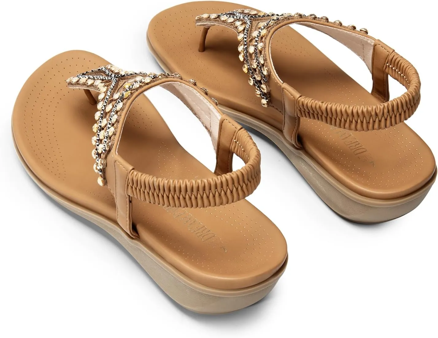 DREAM PAIRS Women's Comfortable Dressy Flat Sandals Rhinestone Elastic T-Strap Thong Sandals for Summer Beach