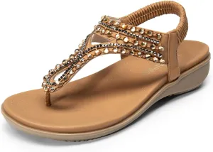 DREAM PAIRS Women's Comfortable Dressy Flat Sandals Rhinestone Elastic T-Strap Thong Sandals for Summer Beach