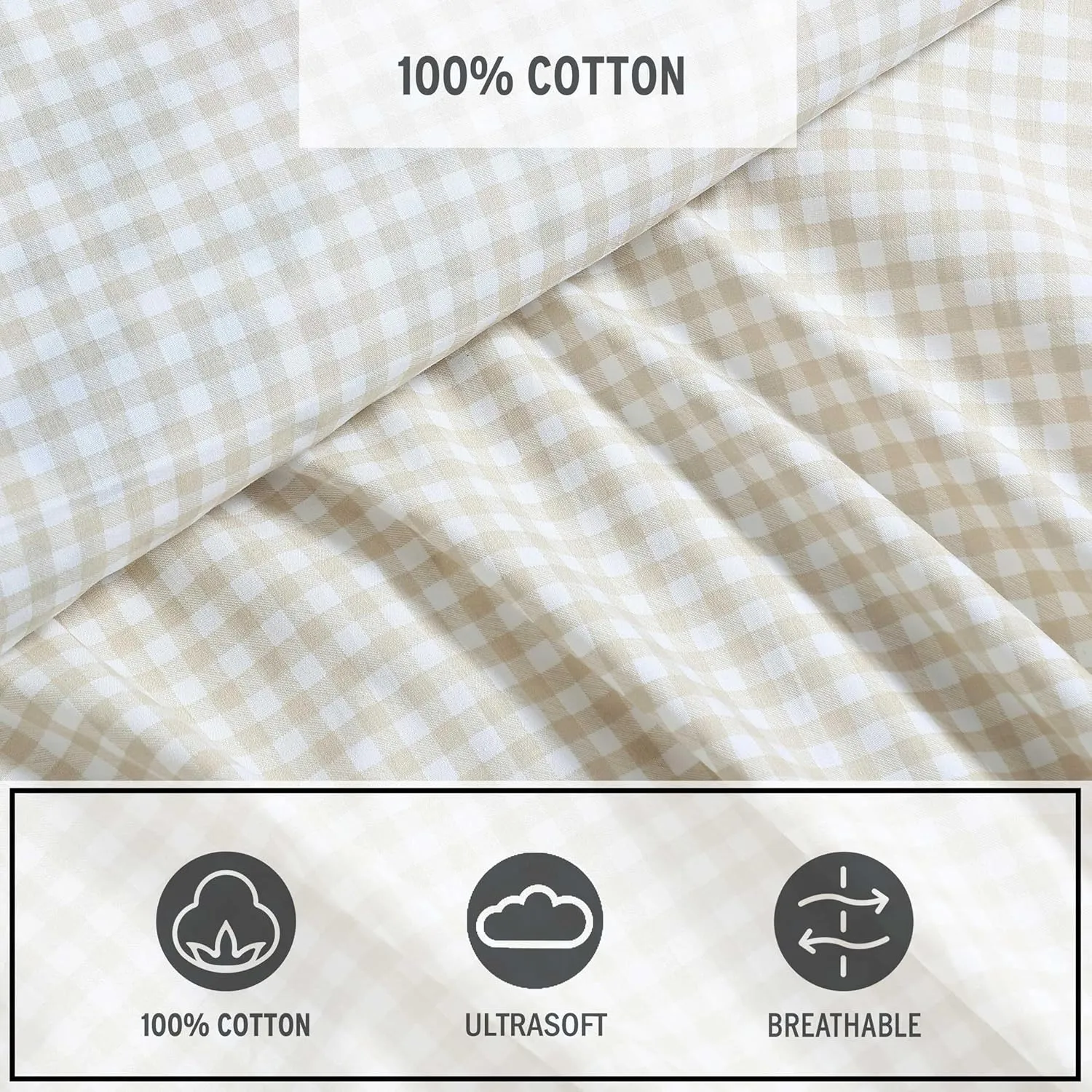 Eddie Bauer - Sheet Set, Cotton Percale Bedding with Matching Pillowcase, Crisp & Breathable, 200-Thread Count, Classic Comfort Essentials (Little Gingham Beige, Queen)