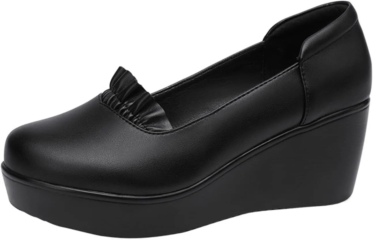 EFTCAL Women's Wedges Platform Ruffles Pump Shoes MId Heel Wedge Slip On Loafers,Lightweight Comfortable Walking Shoes,Casual Breathable Platform Penny Shoes