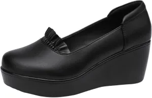 EFTCAL Women's Wedges Platform Ruffles Pump Shoes MId Heel Wedge Slip On Loafers,Lightweight Comfortable Walking Shoes,Casual Breathable Platform Penny Shoes