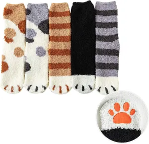 ELFJOY Women Girls Cute Kitty Cat Paws Slipper Socks with Grippers - Fuzzy Anti-Skid Socks(5 Pairs)