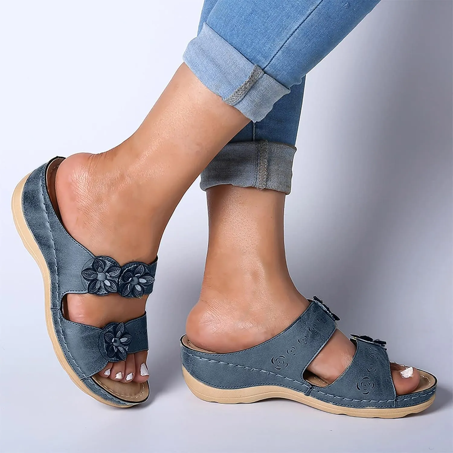 EMRELOD Orthopedic Sandals for Women, Women Wedge Walking Slippers with Arch Support Anti-Slip Breathable Sandal Slip On Flip Flops Dressy Summer Comfy Platform Beach Travel Sandal Shoes (06-Blue, 9)