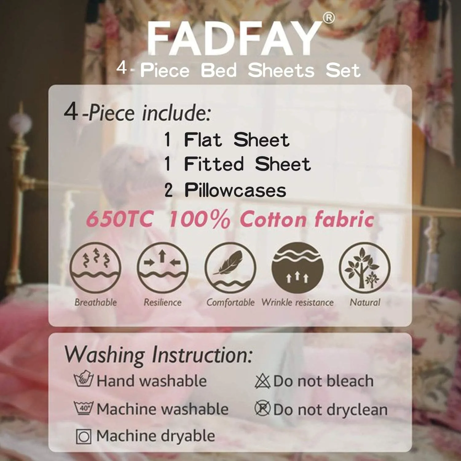 FADFAY Cotton Bed Sheets Set Rose Floral Bed Sheets 4-Piece Queen Size