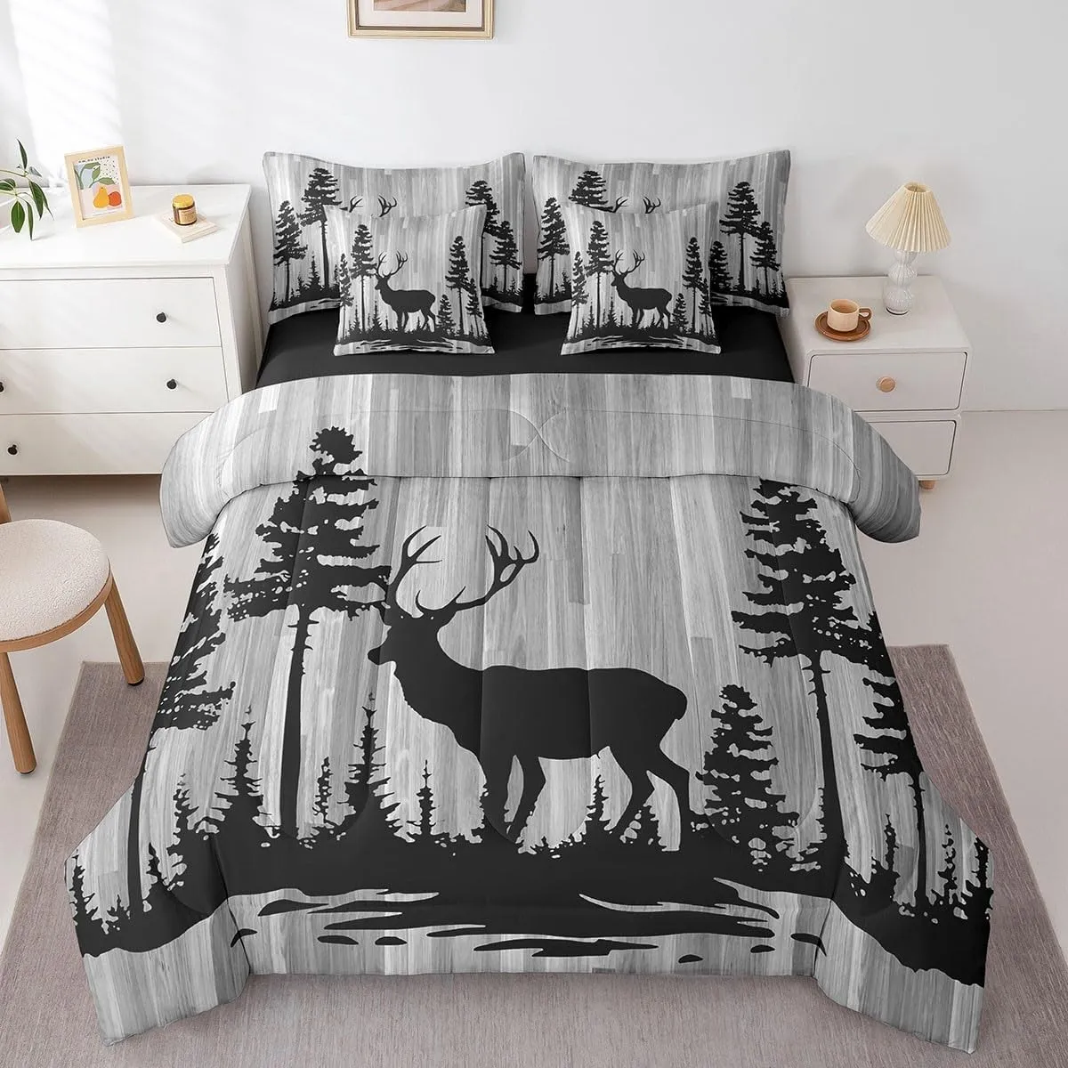 Feelyou Cute Deer Bedding Set All Season Full Size Deer Hunting Comforter Set 7 Pieces Antlers Western Farmhouse Wild Animal Bed in a Bag Grey Tree Bed Set with Comforter, Sheet Set, Pillowcases