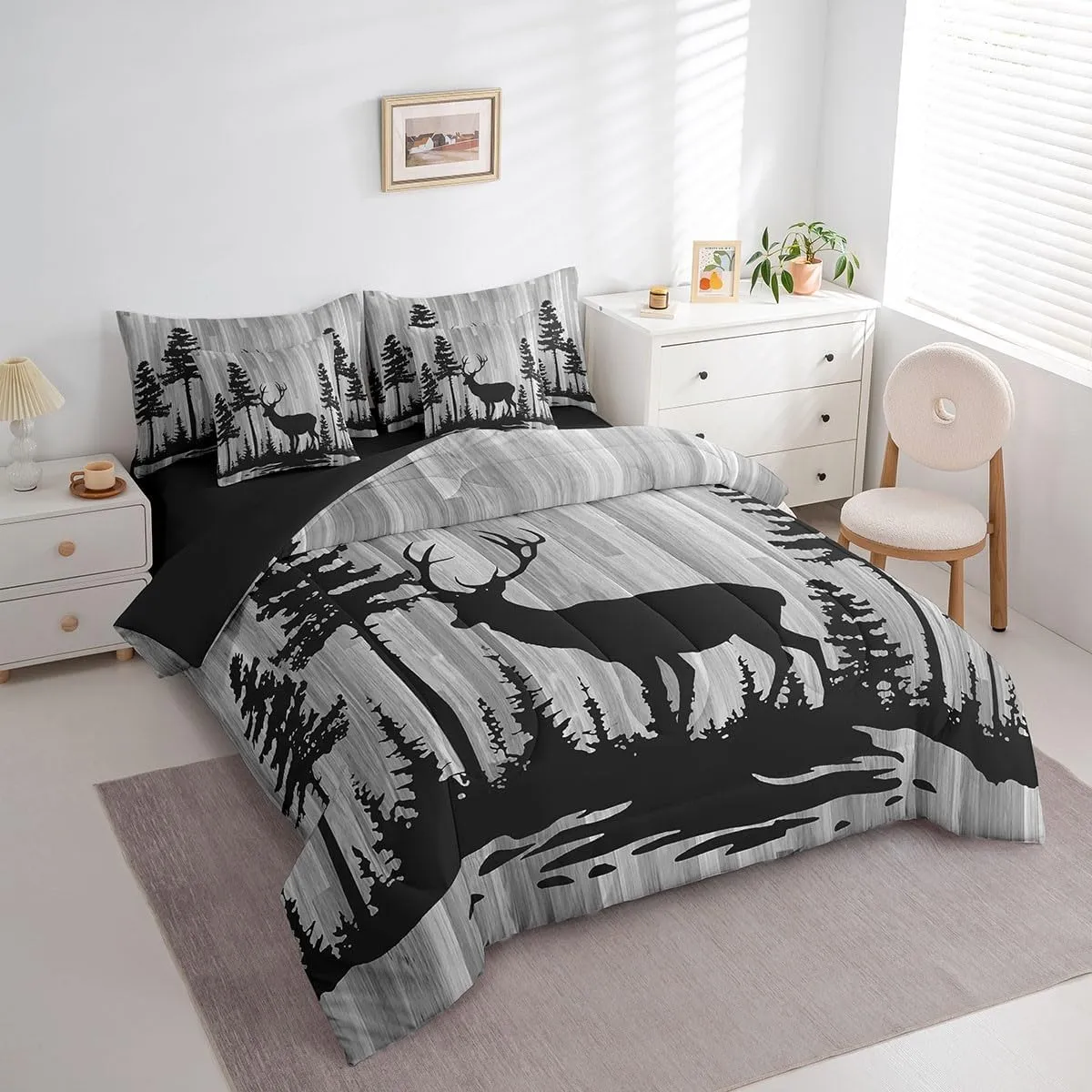 Feelyou Cute Deer Bedding Set All Season Full Size Deer Hunting Comforter Set 7 Pieces Antlers Western Farmhouse Wild Animal Bed in a Bag Grey Tree Bed Set with Comforter, Sheet Set, Pillowcases