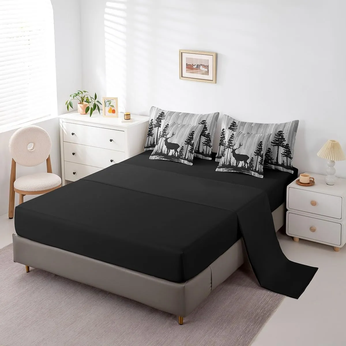 Feelyou Cute Deer Bedding Set All Season Full Size Deer Hunting Comforter Set 7 Pieces Antlers Western Farmhouse Wild Animal Bed in a Bag Grey Tree Bed Set with Comforter, Sheet Set, Pillowcases