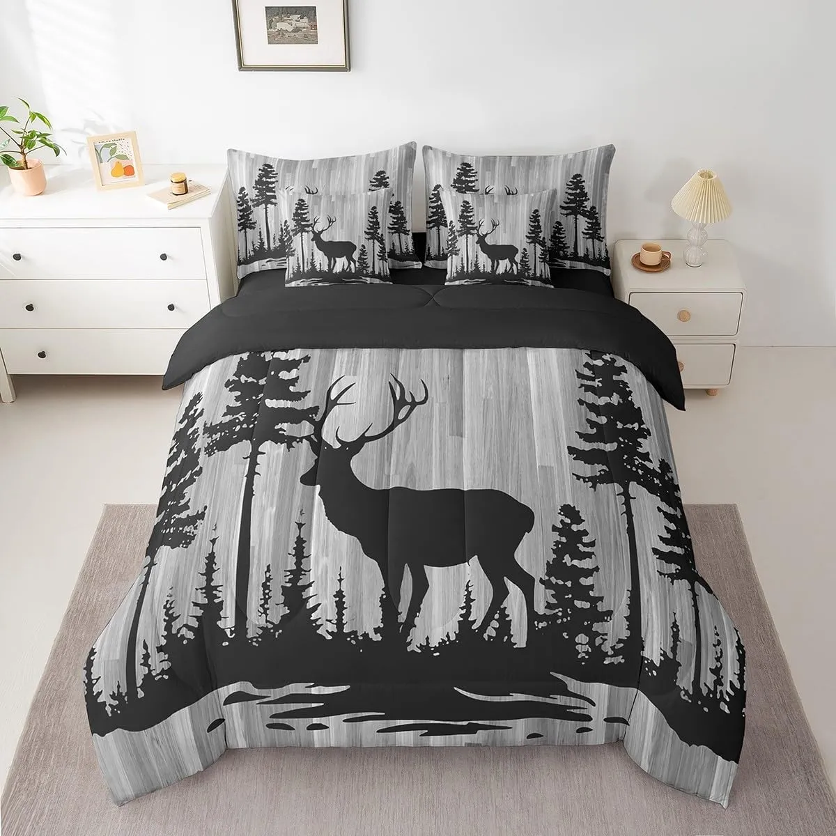 Feelyou Cute Deer Bedding Set All Season Full Size Deer Hunting Comforter Set 7 Pieces Antlers Western Farmhouse Wild Animal Bed in a Bag Grey Tree Bed Set with Comforter, Sheet Set, Pillowcases