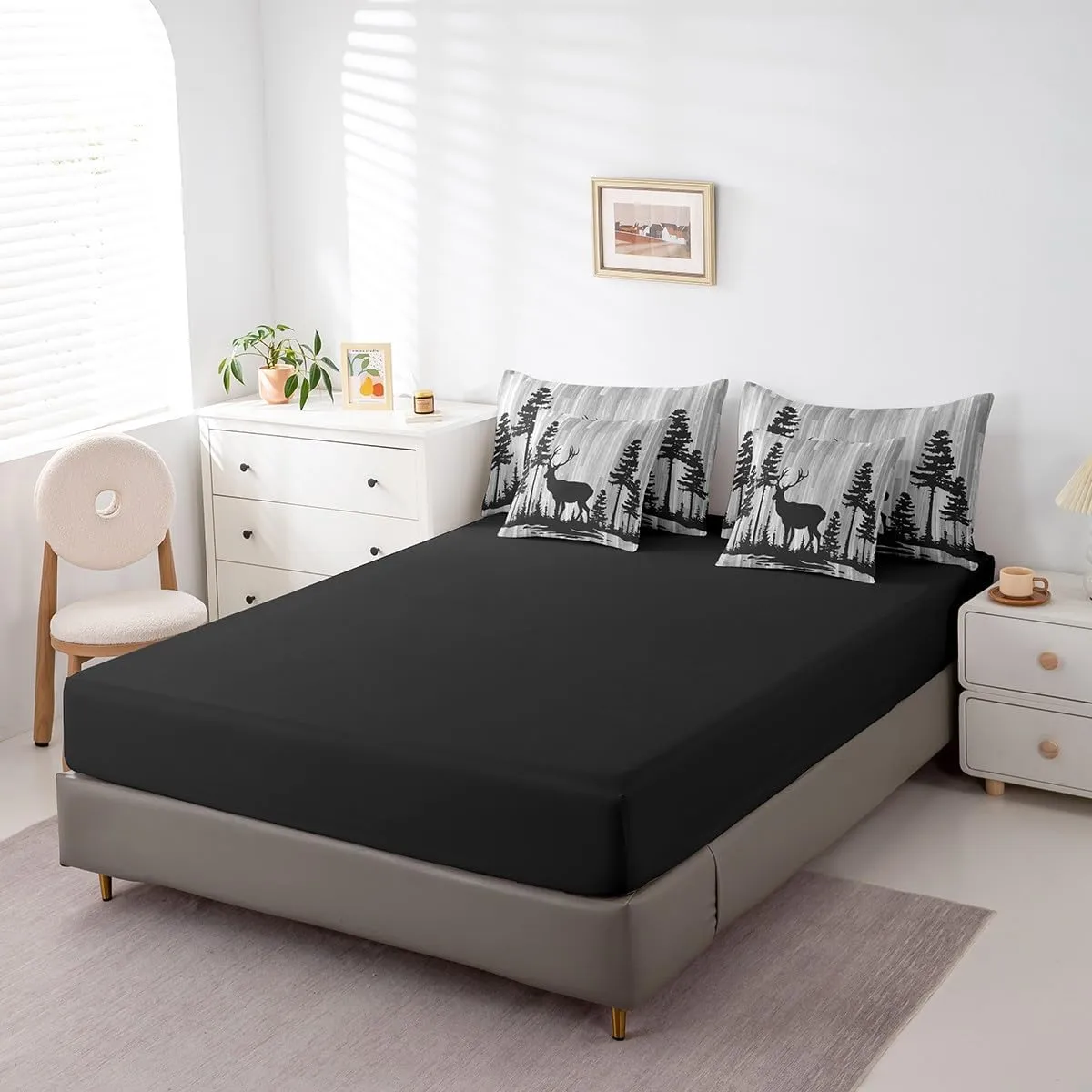 Feelyou Cute Deer Bedding Set All Season Full Size Deer Hunting Comforter Set 7 Pieces Antlers Western Farmhouse Wild Animal Bed in a Bag Grey Tree Bed Set with Comforter, Sheet Set, Pillowcases