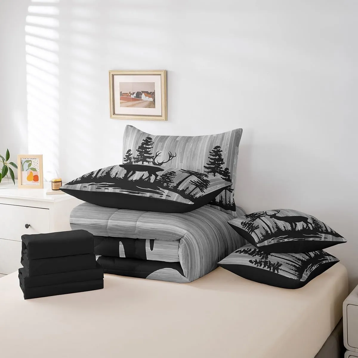 Feelyou Cute Deer Bedding Set All Season Full Size Deer Hunting Comforter Set 7 Pieces Antlers Western Farmhouse Wild Animal Bed in a Bag Grey Tree Bed Set with Comforter, Sheet Set, Pillowcases