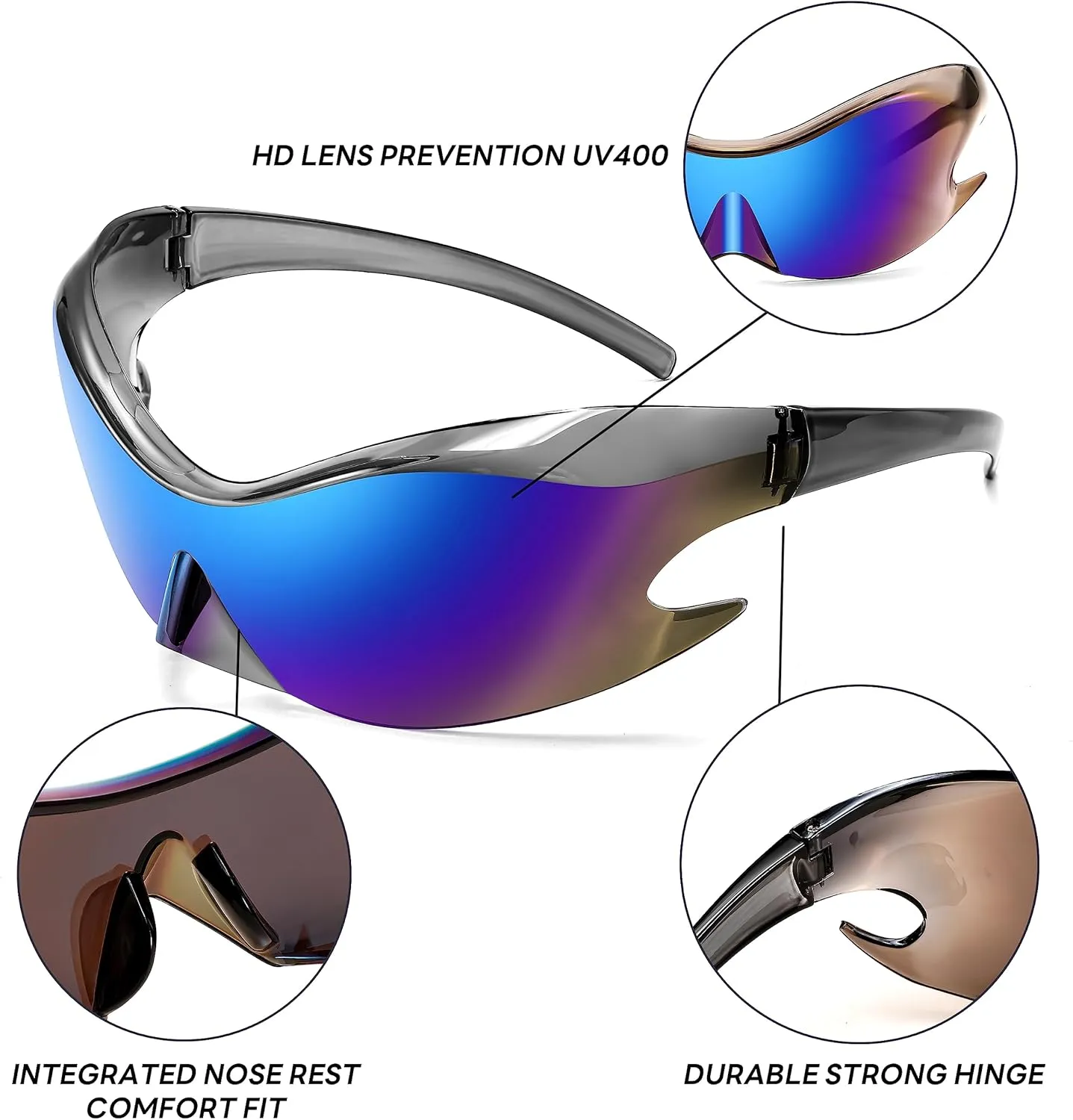 FEISEDY Futuristic Sunglasses, Fashion Alien Y2K Wrap Around for Women Men B4135