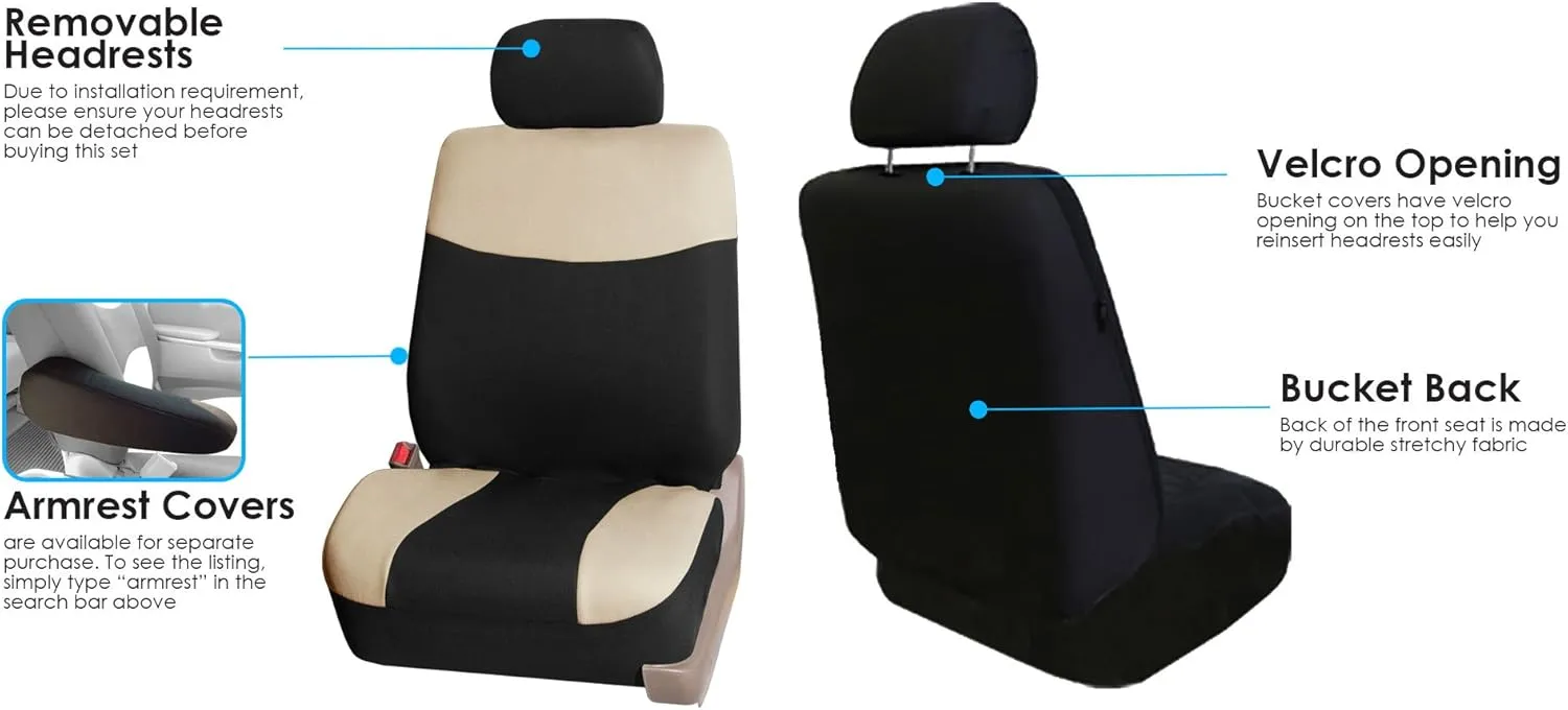 FH Group Pique Fabric Full Set Seat Covers Beige and Black- Fit Most Car, Truck, SUV, or Van