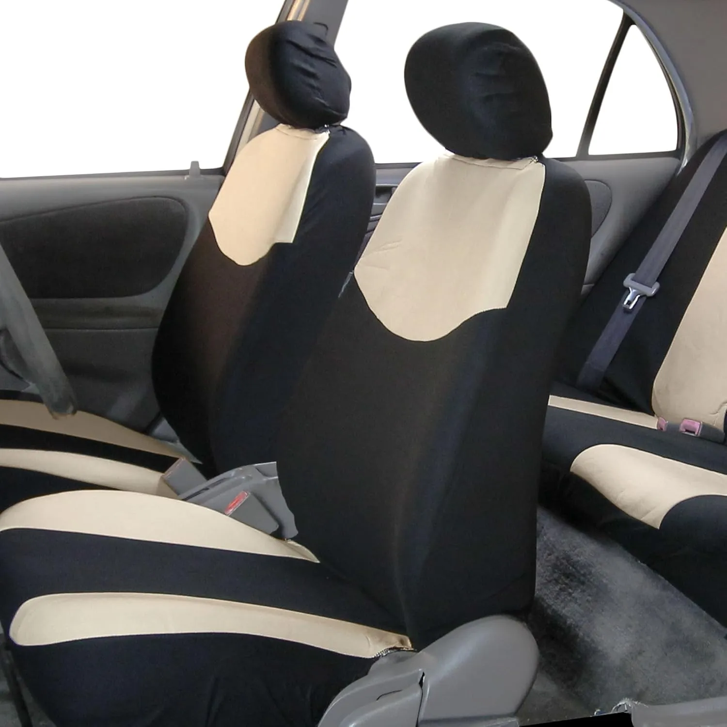 FH Group Pique Fabric Full Set Seat Covers Beige and Black- Fit Most Car, Truck, SUV, or Van