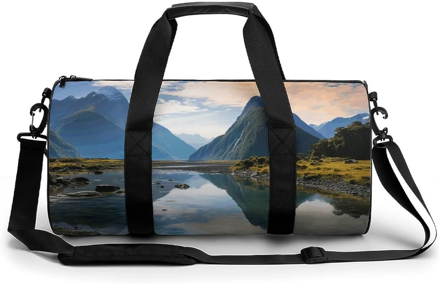 Fiordland National Park Cylindrical Gym Bag Travel Duffel Bag with Dry Wet Separated Pocket for Men And Women Overnight Bag Weekender Bag Training Handbag Yoga Bag