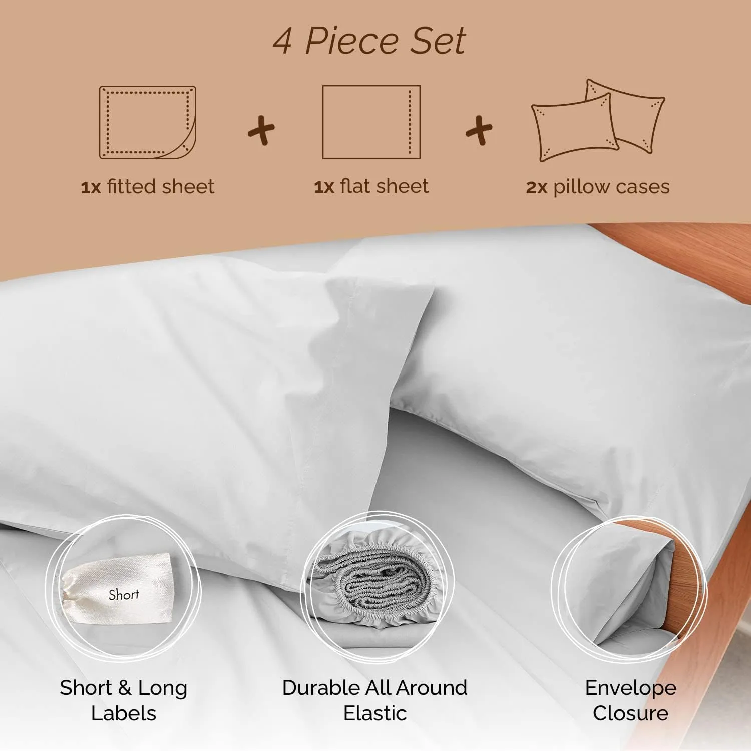 Five Looms 4 Piece Everyday Percale Sheets Set, 100% Cotton with Deep Pocket 15”, Easy Care Natural and Breathable Crisp Cooling Sheets Set, Fitted Sheet, Flat Sheet and 2 Pillowcases, Queen, Gray