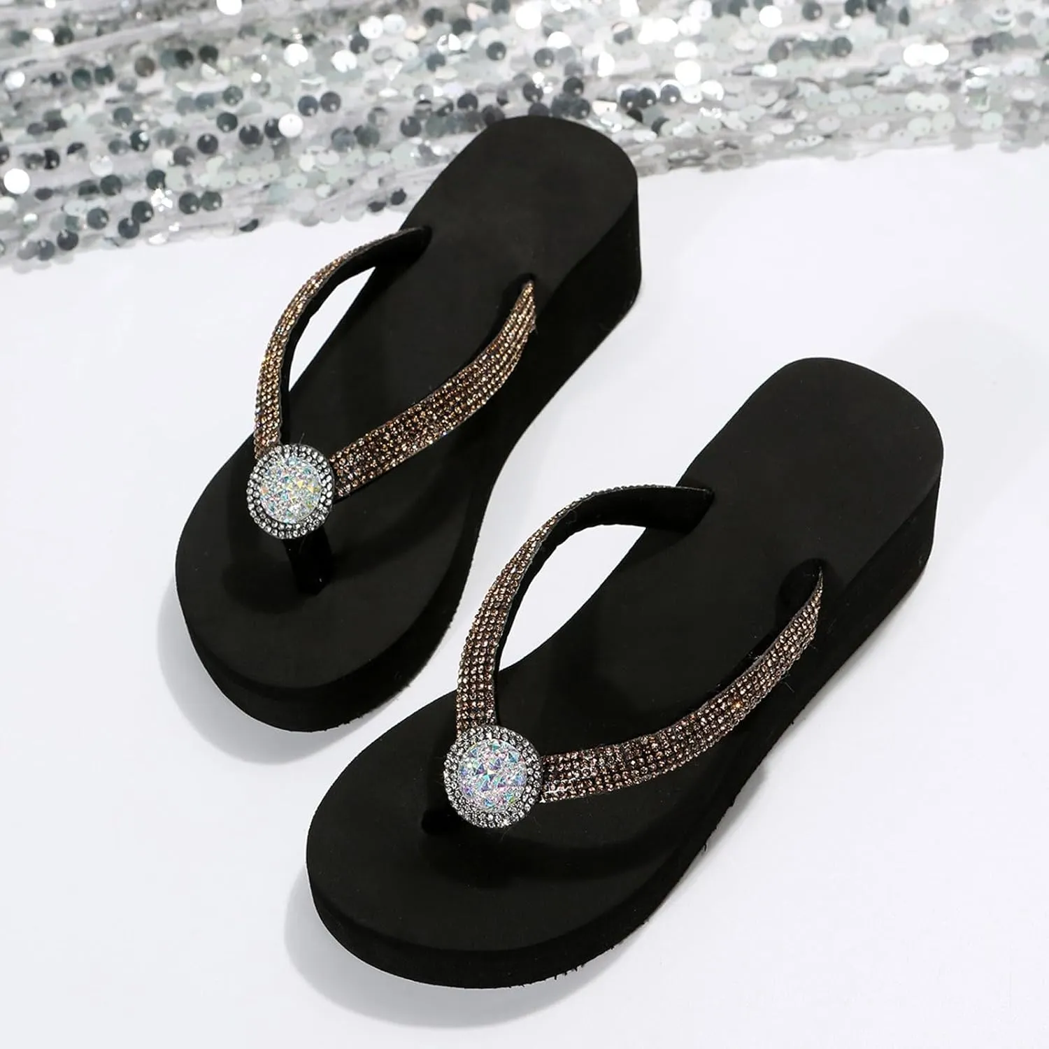 Flat Flip Flops for Women 2025,Open Toe Rhinestones Sparkly Glitter Sandals Ladies Summer Comfortable Slingback Slides Comfy Soft Memory Foam CasualShoes for Beach Holiday Outdoor Indoor