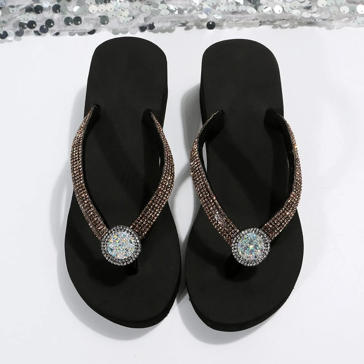Flat Flip Flops for Women 2025,Open Toe Rhinestones Sparkly Glitter Sandals Ladies Summer Comfortable Slingback Slides Comfy Soft Memory Foam CasualShoes for Beach Holiday Outdoor Indoor