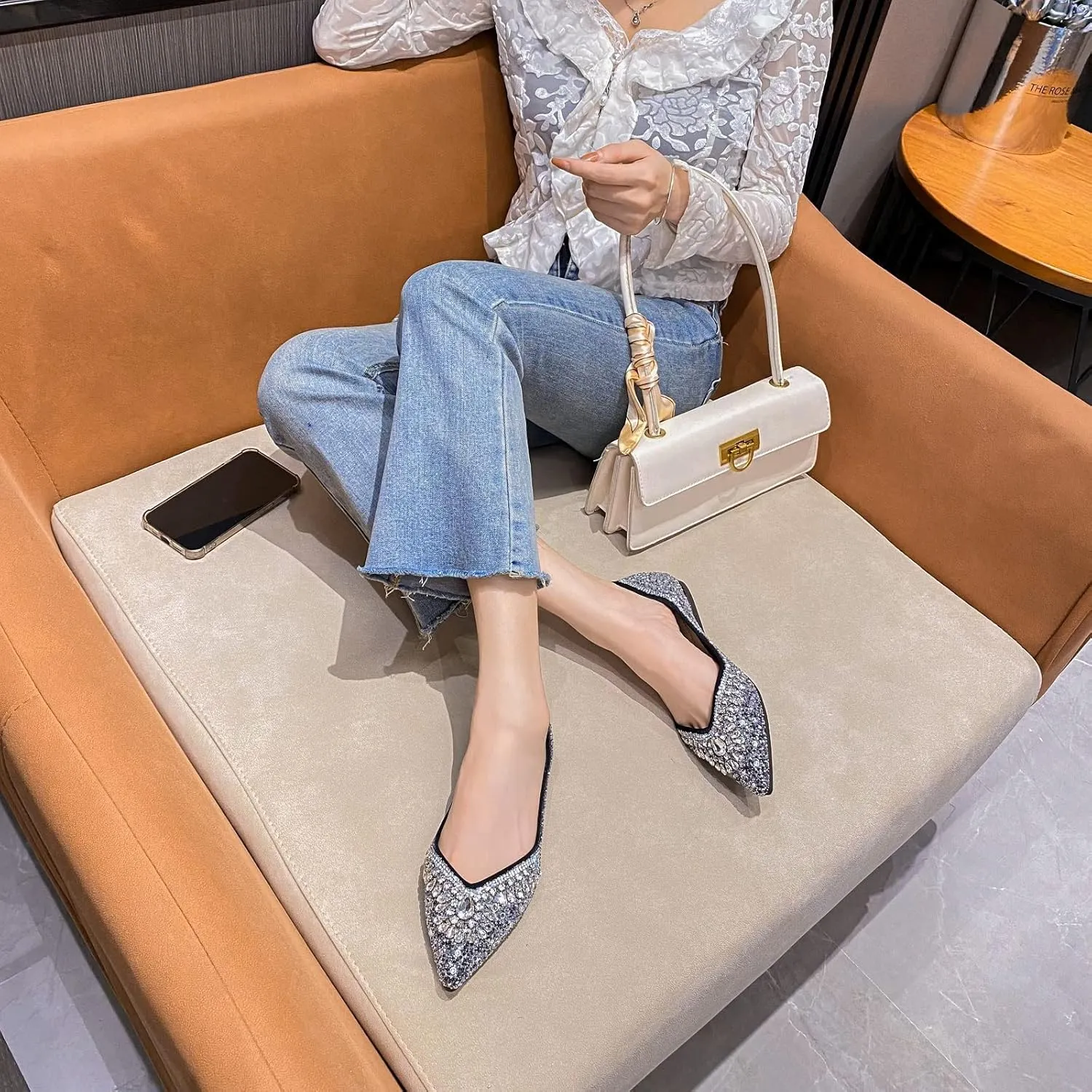 Flats Shoes Women Rhinestone Sequin Wedding Pointed Toe Dress Flat Shoes Comfortable Flats for Women Dressy