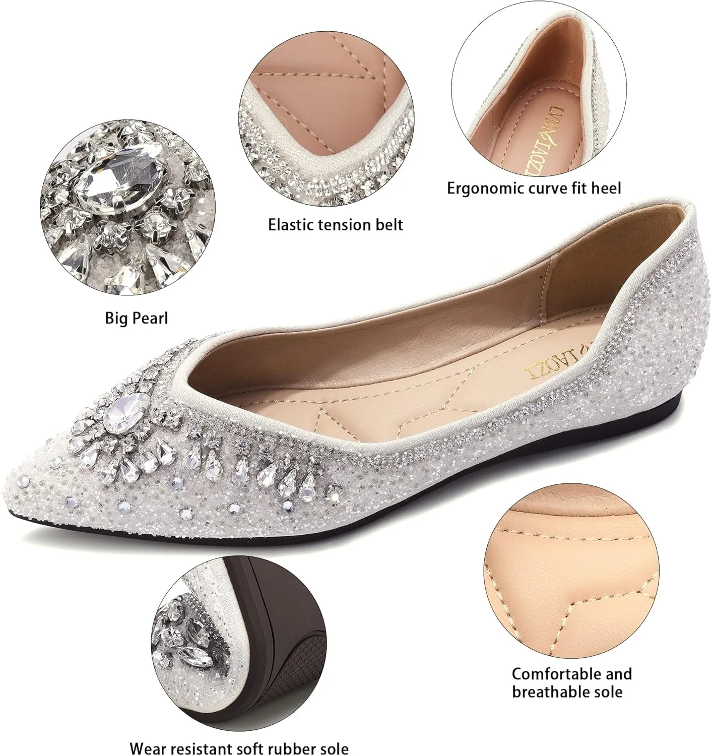 Flats Shoes Women Rhinestone Sequin Wedding Pointed Toe Dress Flat Shoes Comfortable Flats for Women Dressy